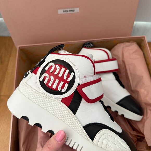 NWT Miu Miu High Top Sneakers White Multi Nappa Leather Lace Up Velcro - Picture 6 of 11